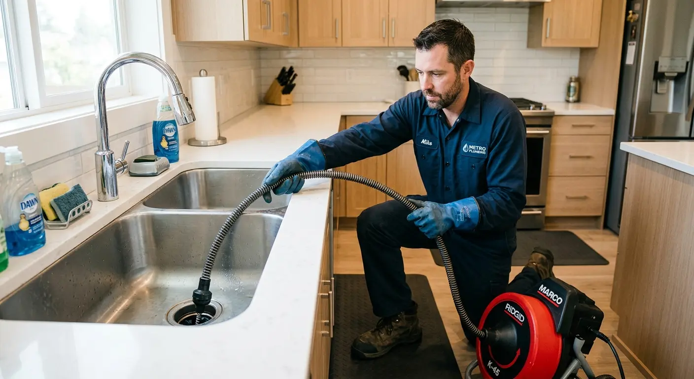 Drain cleaning technician using a motorized snake on a kitchen sink in River Forest