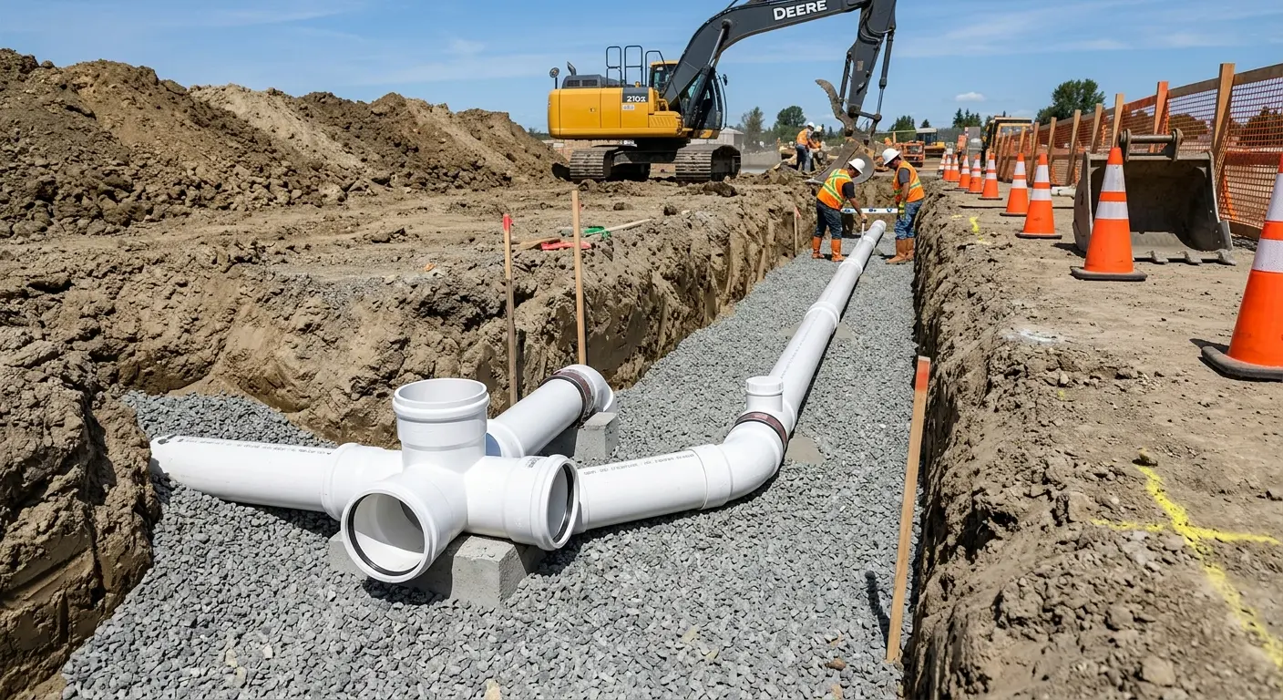 New PVC sewer pipe installation in open trench for Commercial Drain Cleaning in River Forest