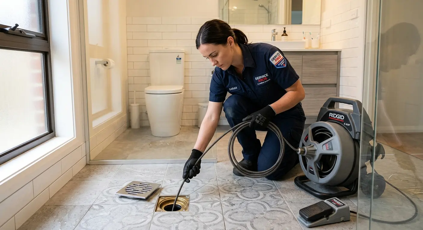 Technician clearing a bathroom floor drain for Clogged Drain Repair in River Forest